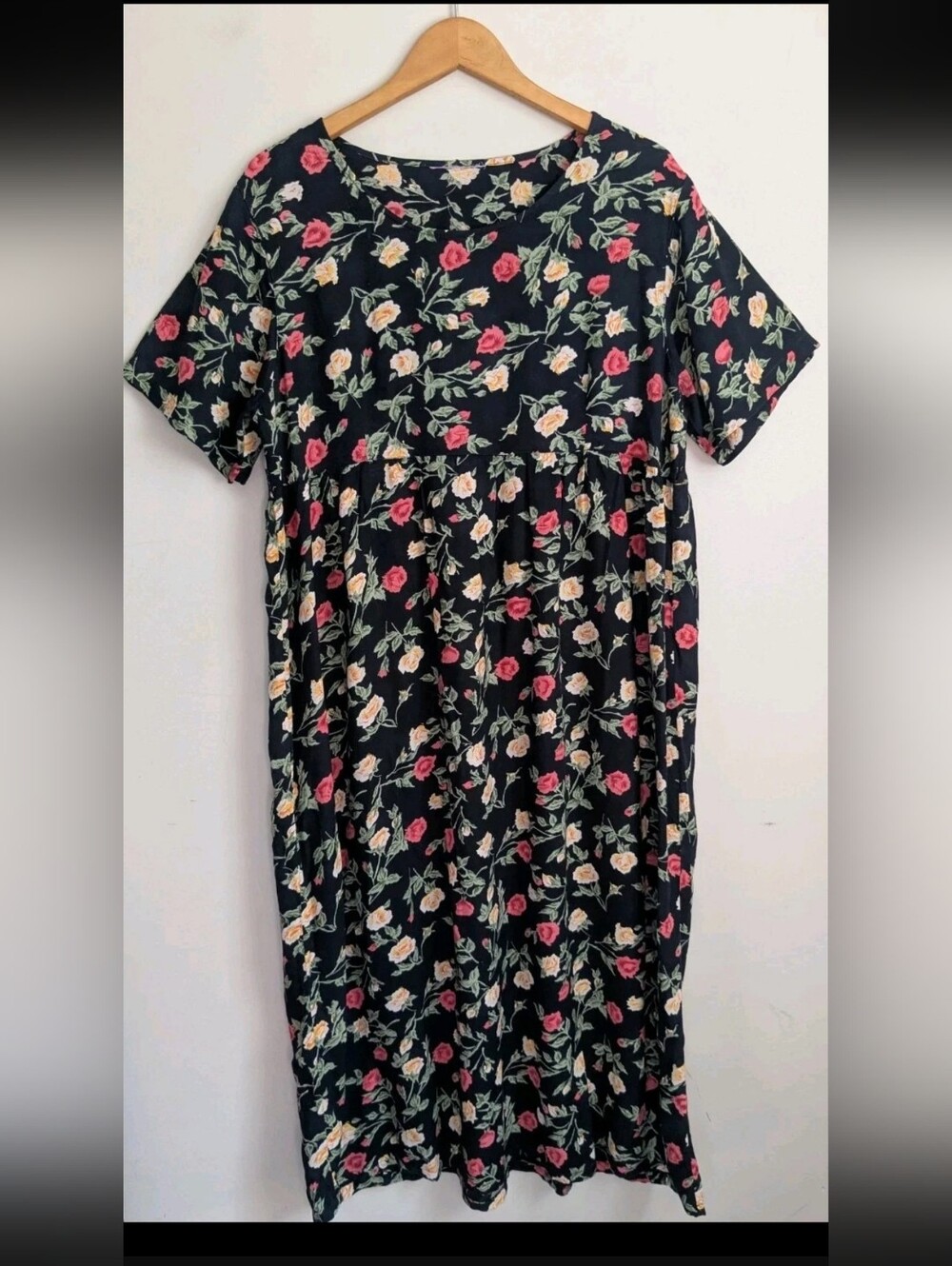 Vintage 90s Black Floral Shift Dress Rayon Midi Large Cottagecore Boho Relaxed